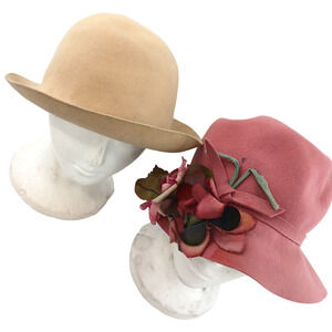 Lot of 2 VTG Tan Pink Floral Frank's Girl by Frank Olive Women’s Wool Hat